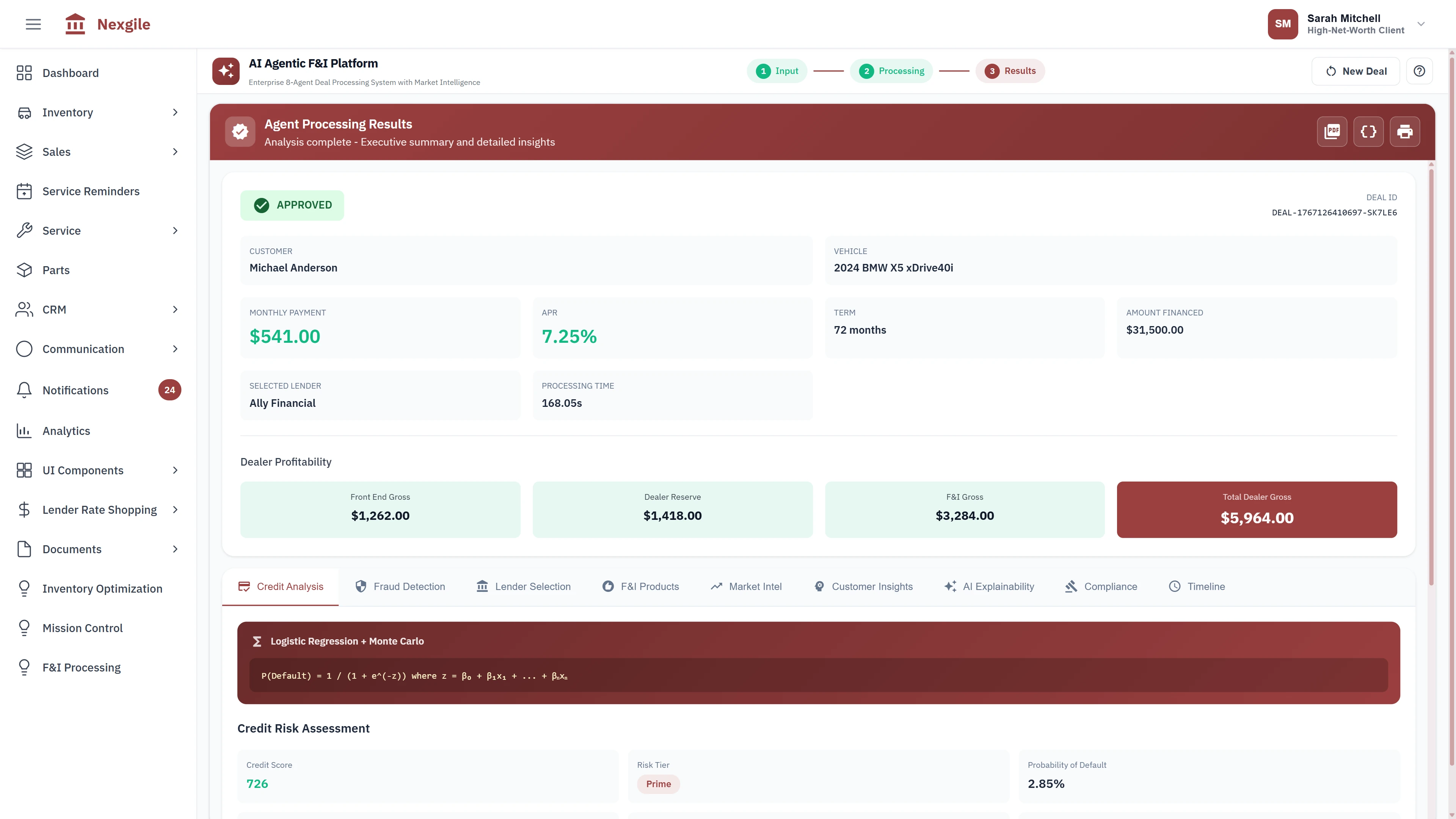Agent Processing Results - Approved deal summary with dealer profitability metrics, credit risk assessment, and selected lender details